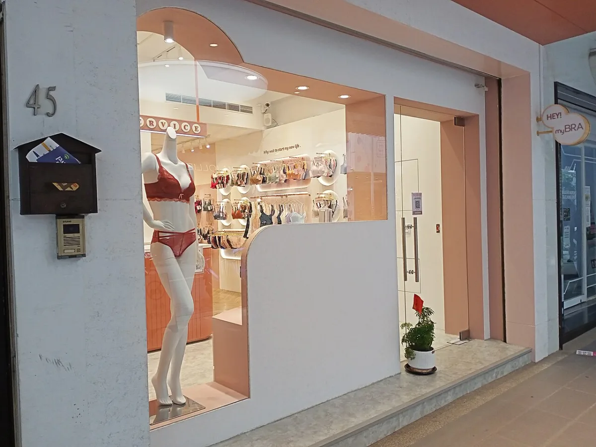 Etalage van een lingeriewinkel met een paspop en rekken met bh's